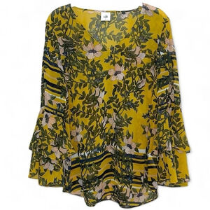 Cabi Women’s Sheer Boho Yellow Gold Vintage Floral Long Sleeve V-neck si…